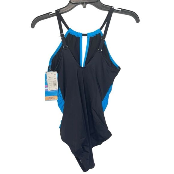 NWT Swim Solutions | Blue Black Tummy Control Draped High Neck Swimsuit 8 - Picture 5 of 10